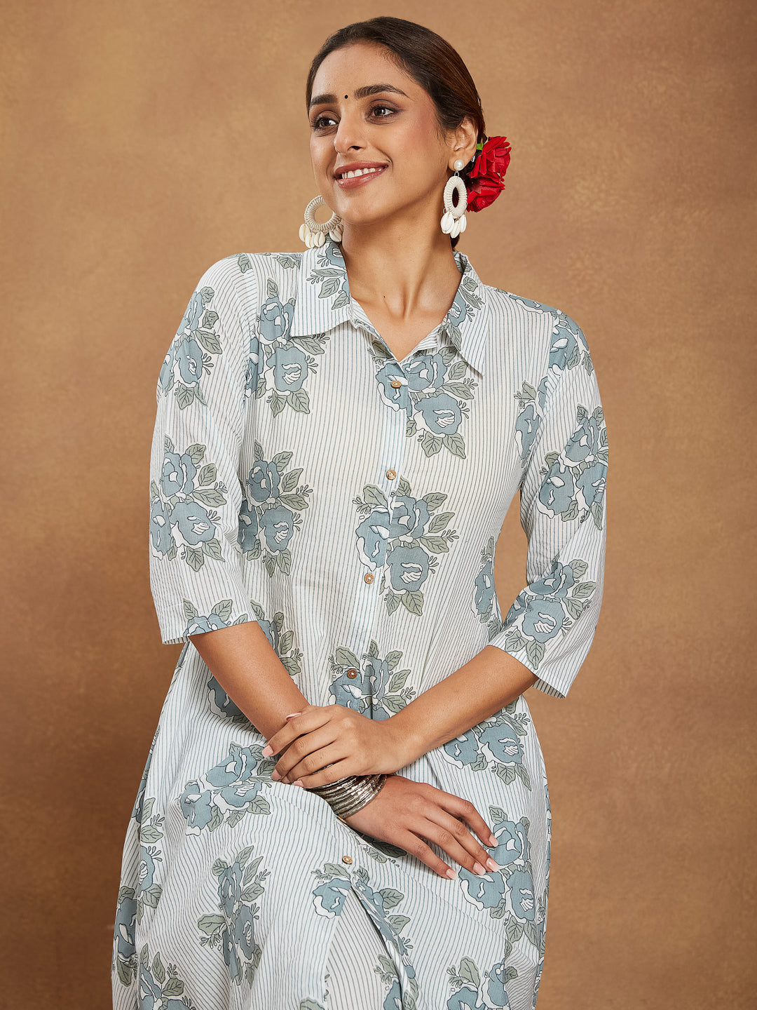 Janasya Light Cotton Floral A-Line Kurta Set 