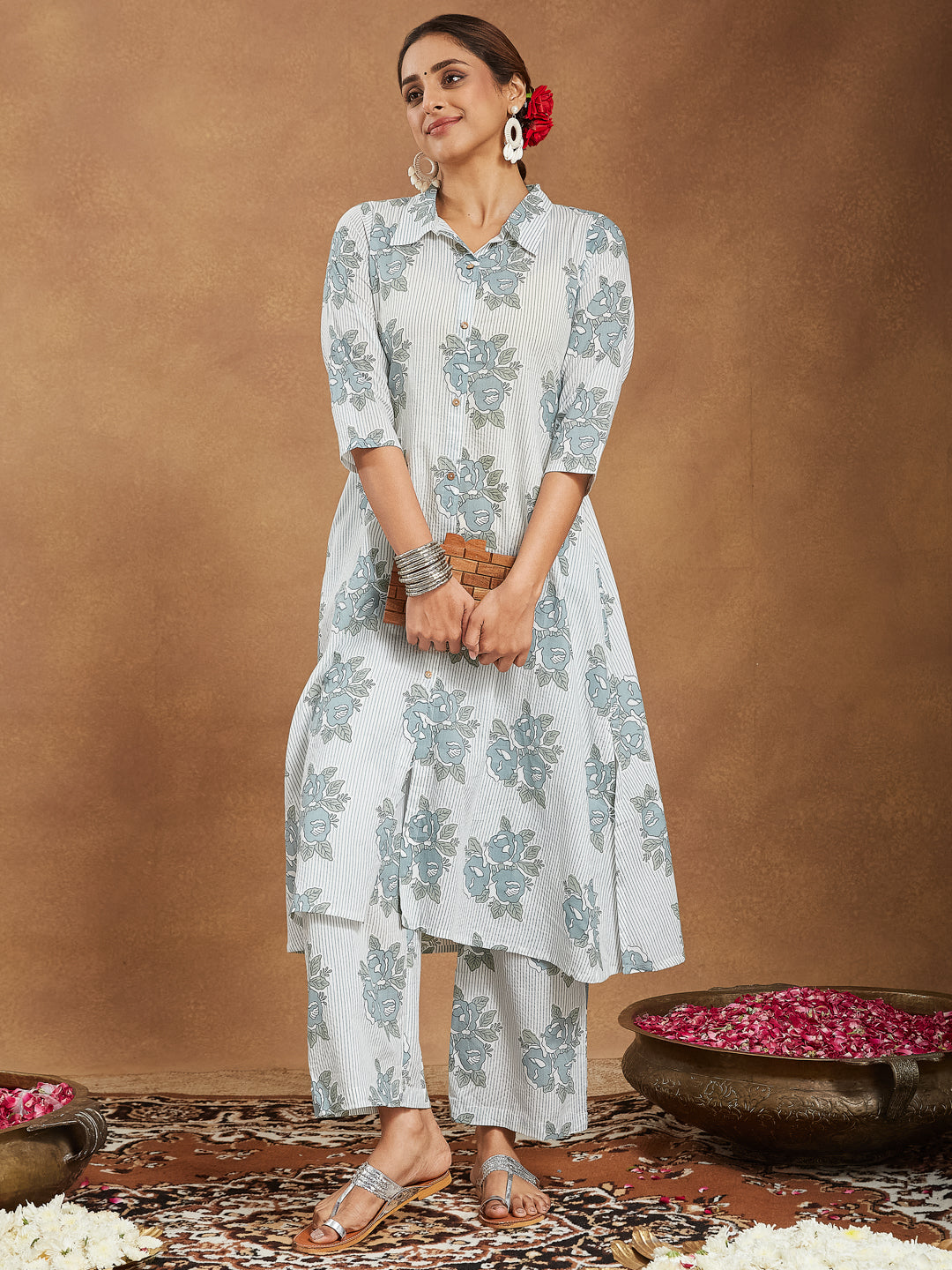 Janasya Light Cotton Floral A-Line Kurta Set 