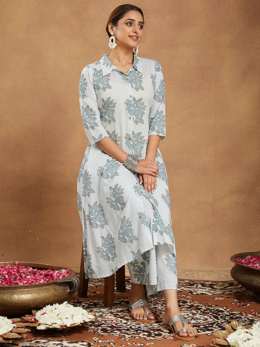 Janasya Light Cotton Floral A-Line Kurta Set 