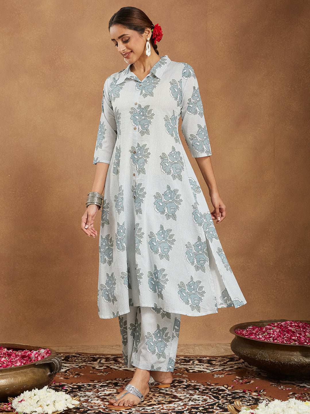 Janasya Light Cotton Floral A-Line Kurta Set 