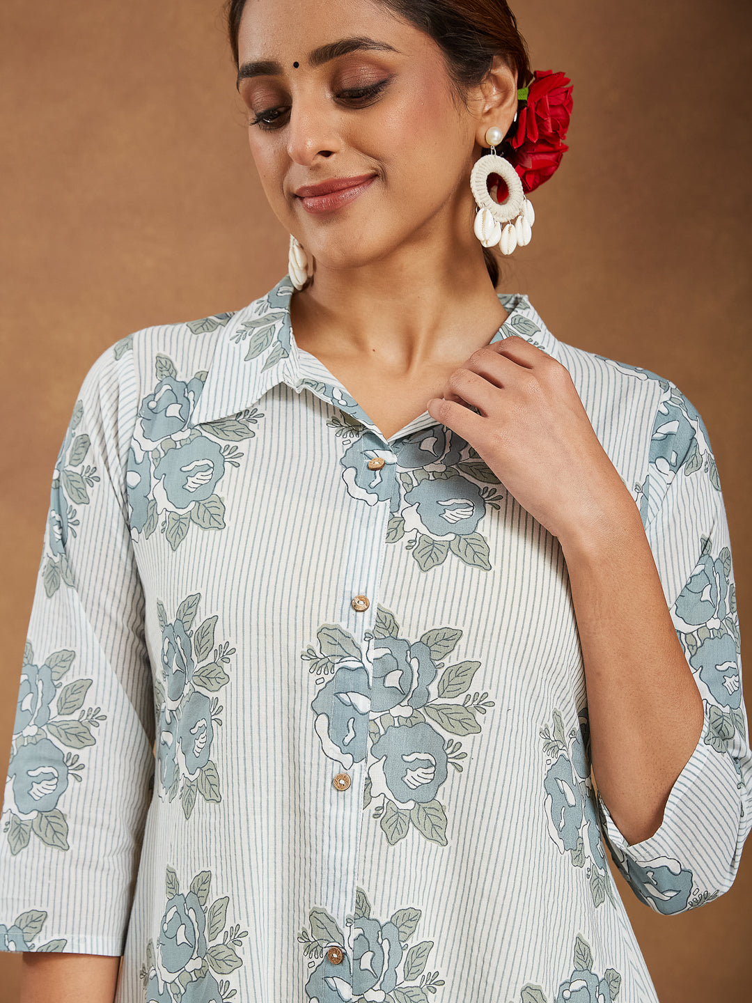 Janasya Light Cotton Floral A-Line Kurta Set 