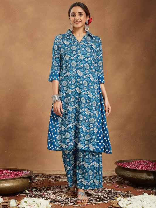Janasya Dark Cotton Floral A-Line Kurta Set 