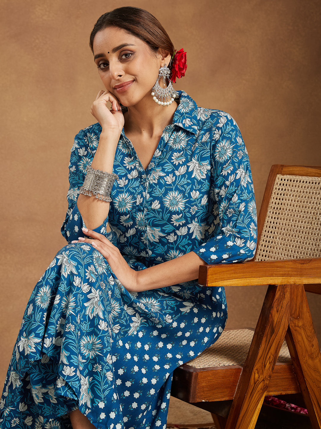 Janasya Dark Cotton Floral A-Line Kurta Set 