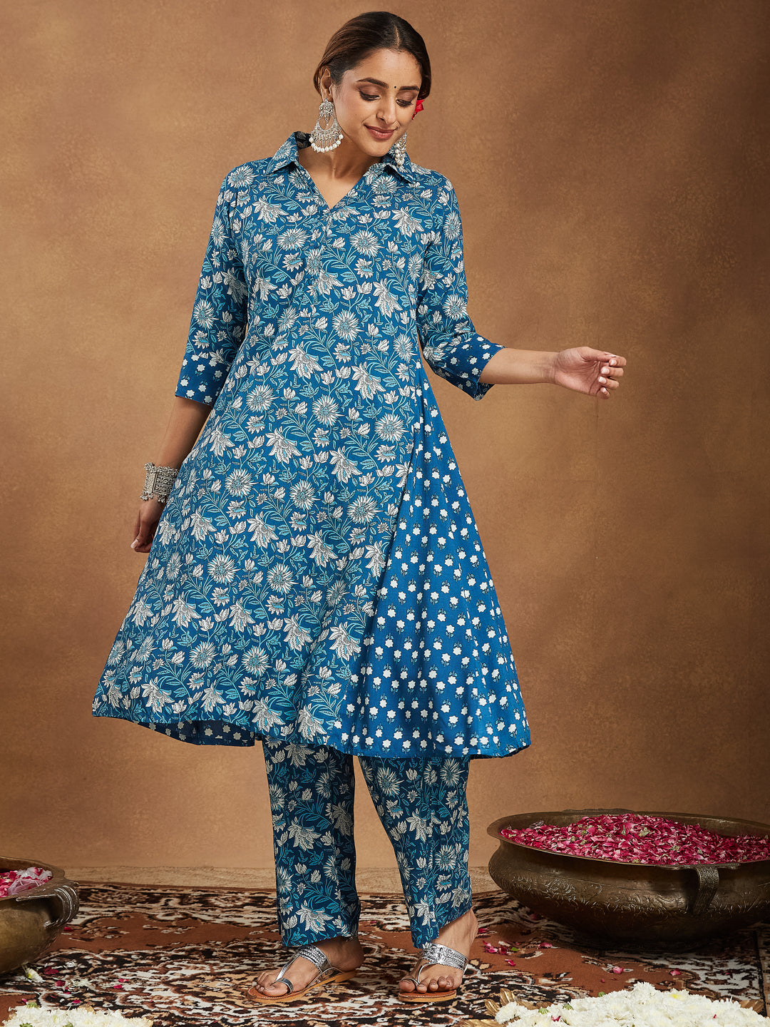 Janasya Dark Cotton Floral A-Line Kurta Set 
