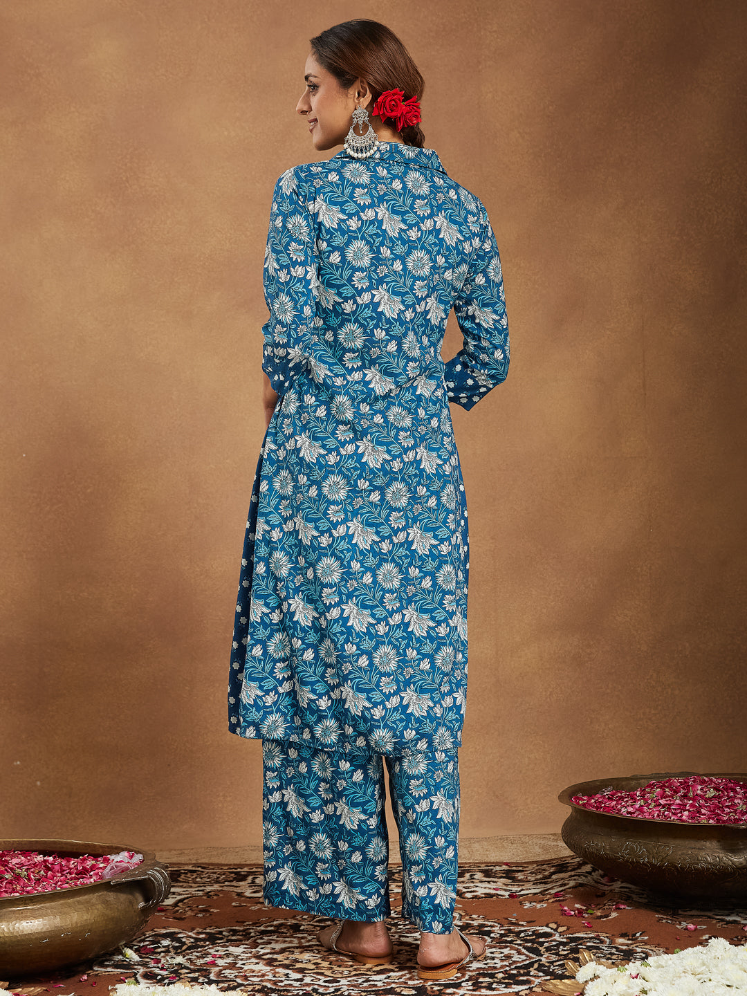 Janasya Dark Cotton Floral A-Line Kurta Set 