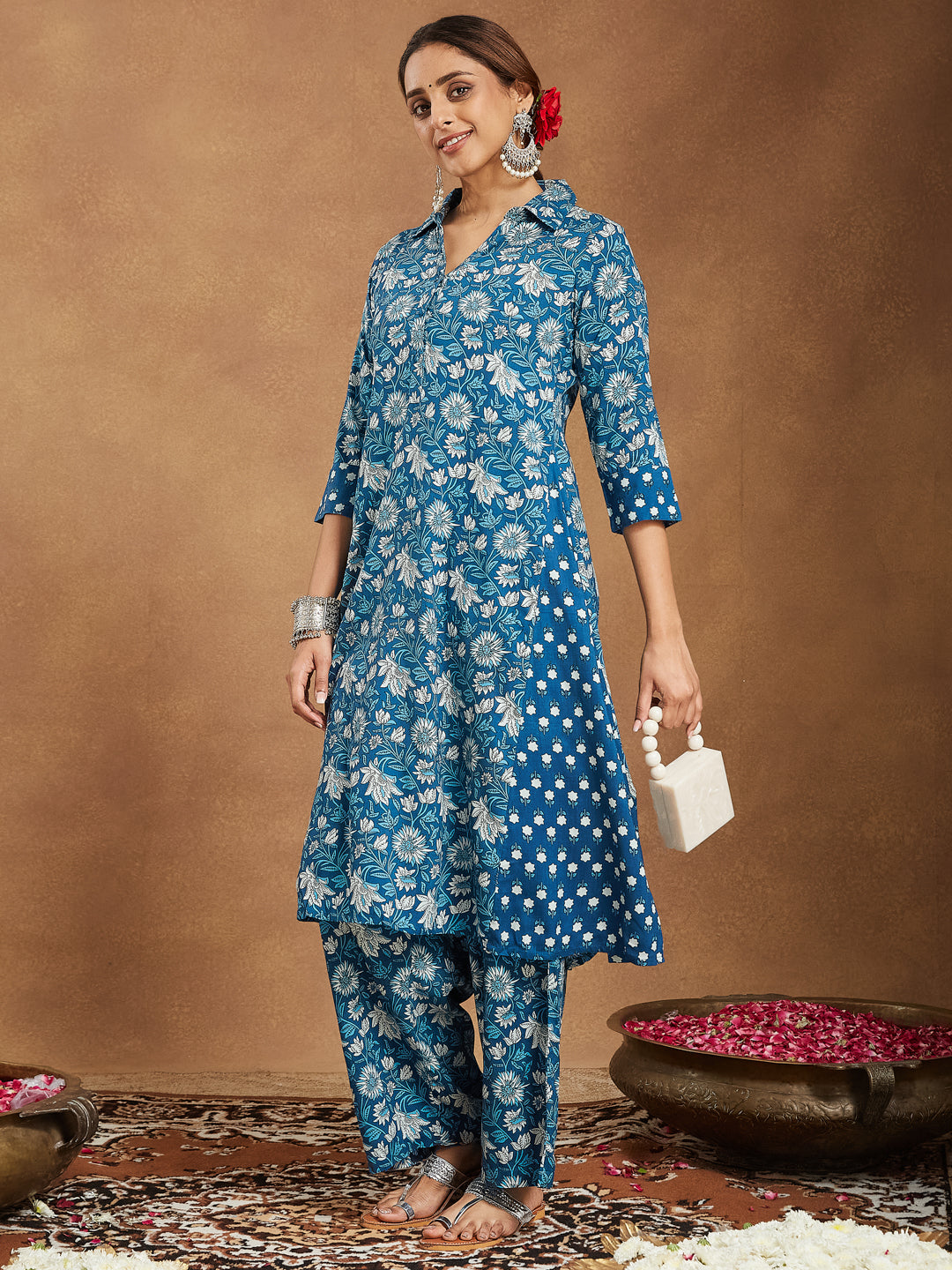 Janasya Dark Cotton Floral A-Line Kurta Set 