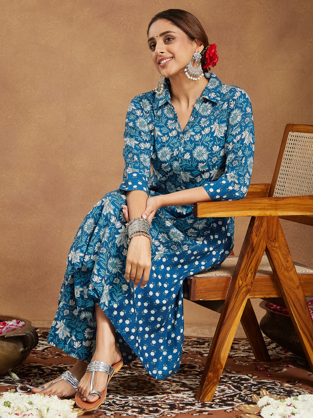 Janasya Dark Cotton Floral A-Line Kurta Set 