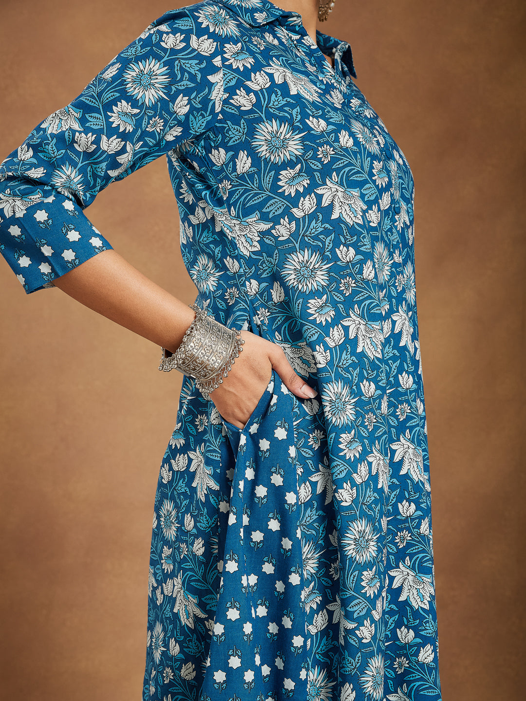 Janasya Dark Cotton Floral A-Line Kurta Set 