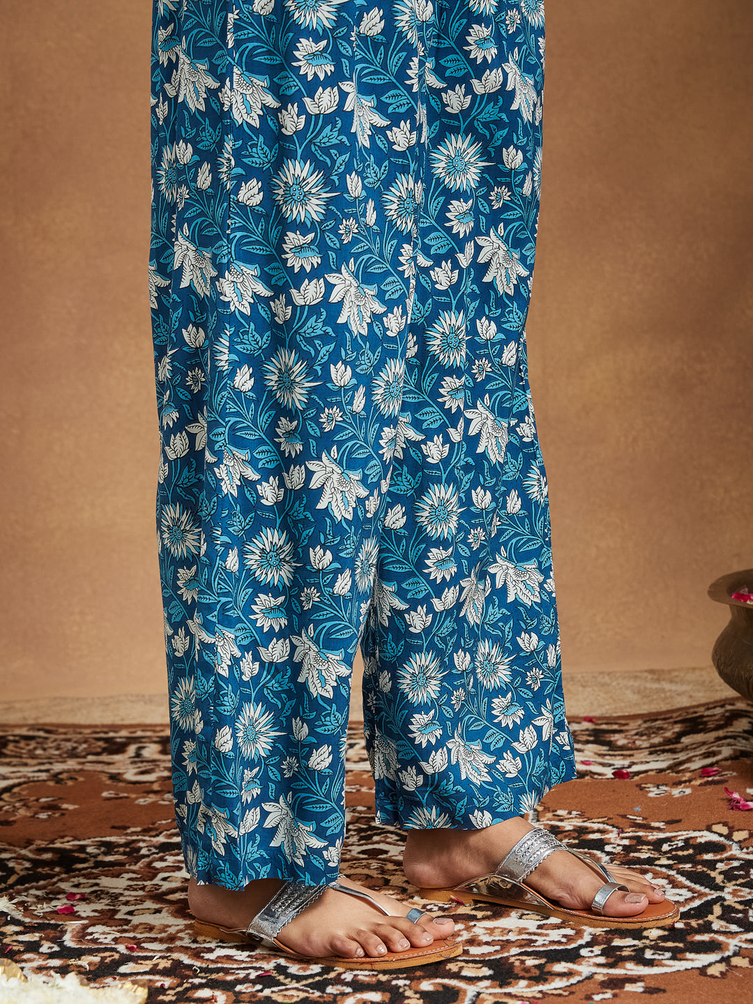 Janasya Dark Cotton Floral A-Line Kurta Set 