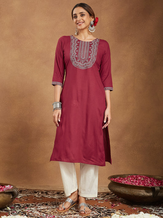 Janasya Dark Rayon Embroidered Straight Kurta | Grab2Buy