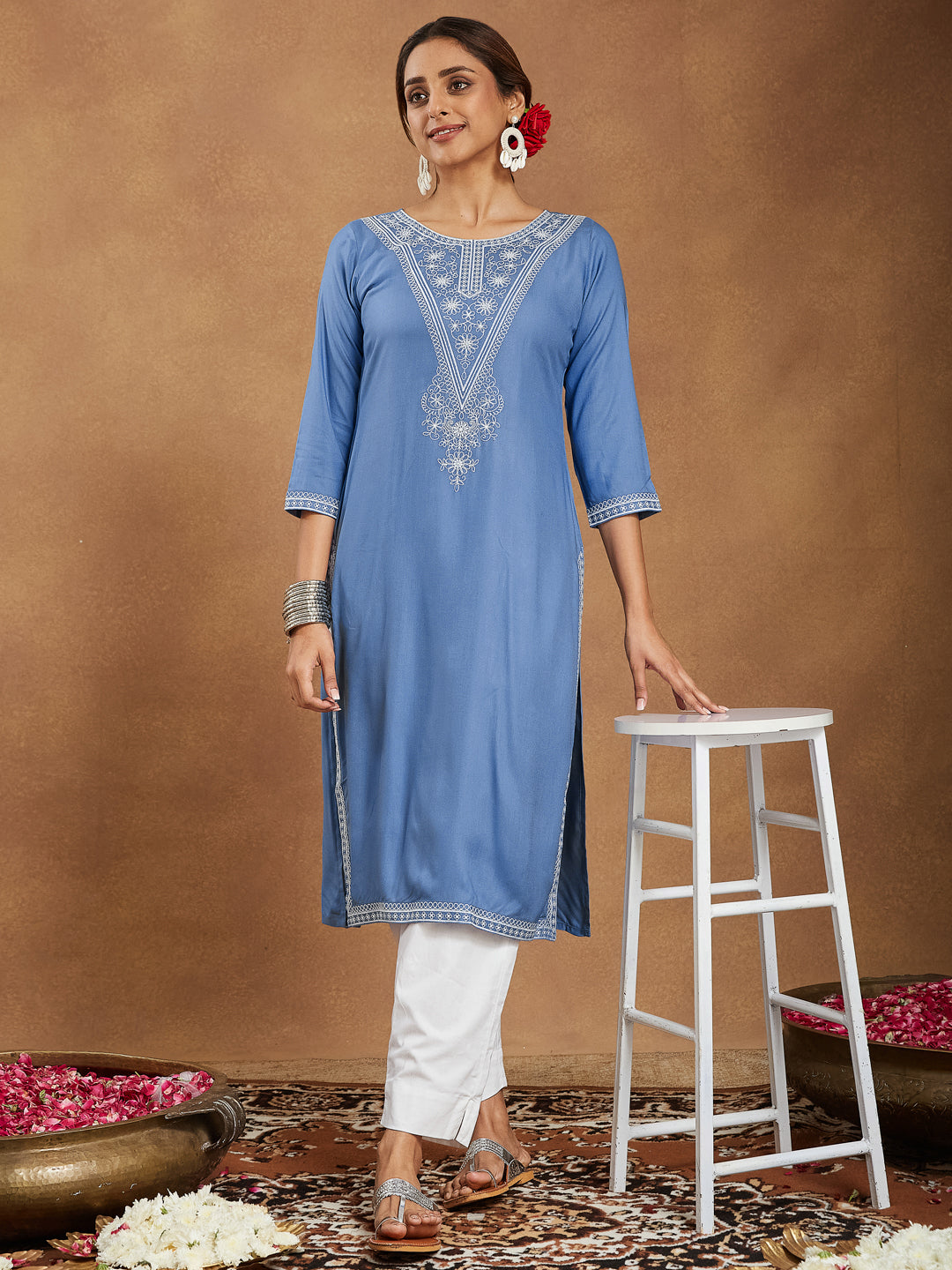 Janasya Light Rayon Blend Embroidered Straight Kurta | Grab2Buy
