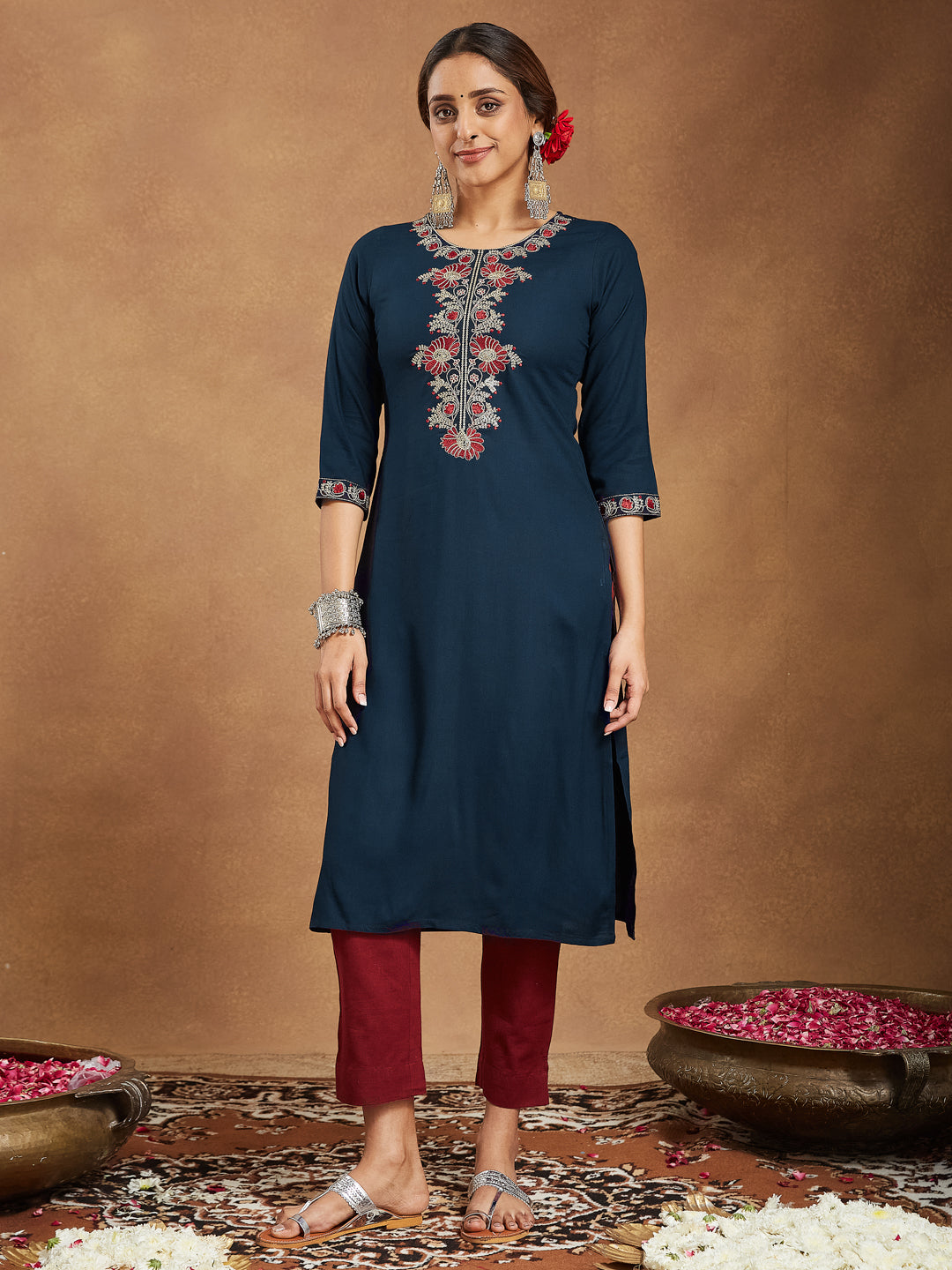 Janasya Dark Rayon Embroidered Straight Kurta | Grab2Buy
