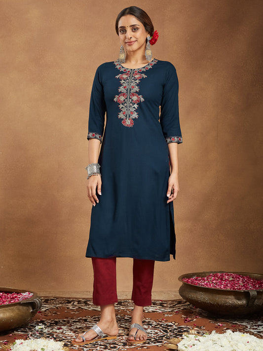Janasya Dark Rayon Embroidered Straight Kurta | Grab2Buy