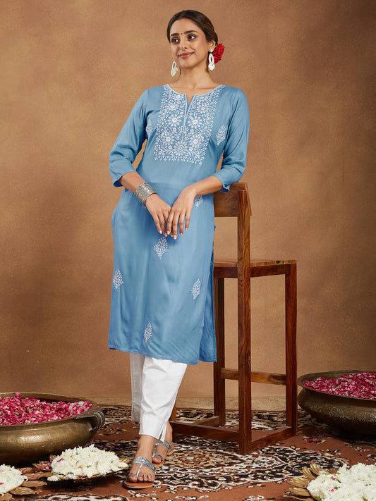Janasya Light Rayon Embroidered Straight Kurta | Grab2Buy