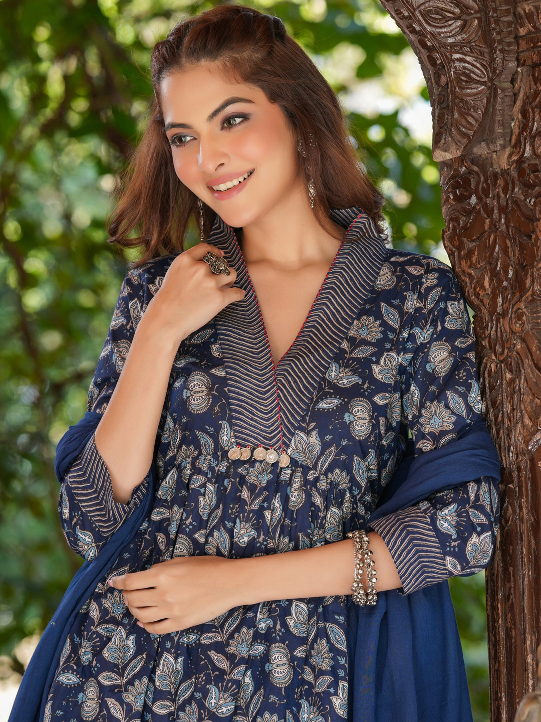 Janasya Dark Cotton Floral A-Line Kurta Set 