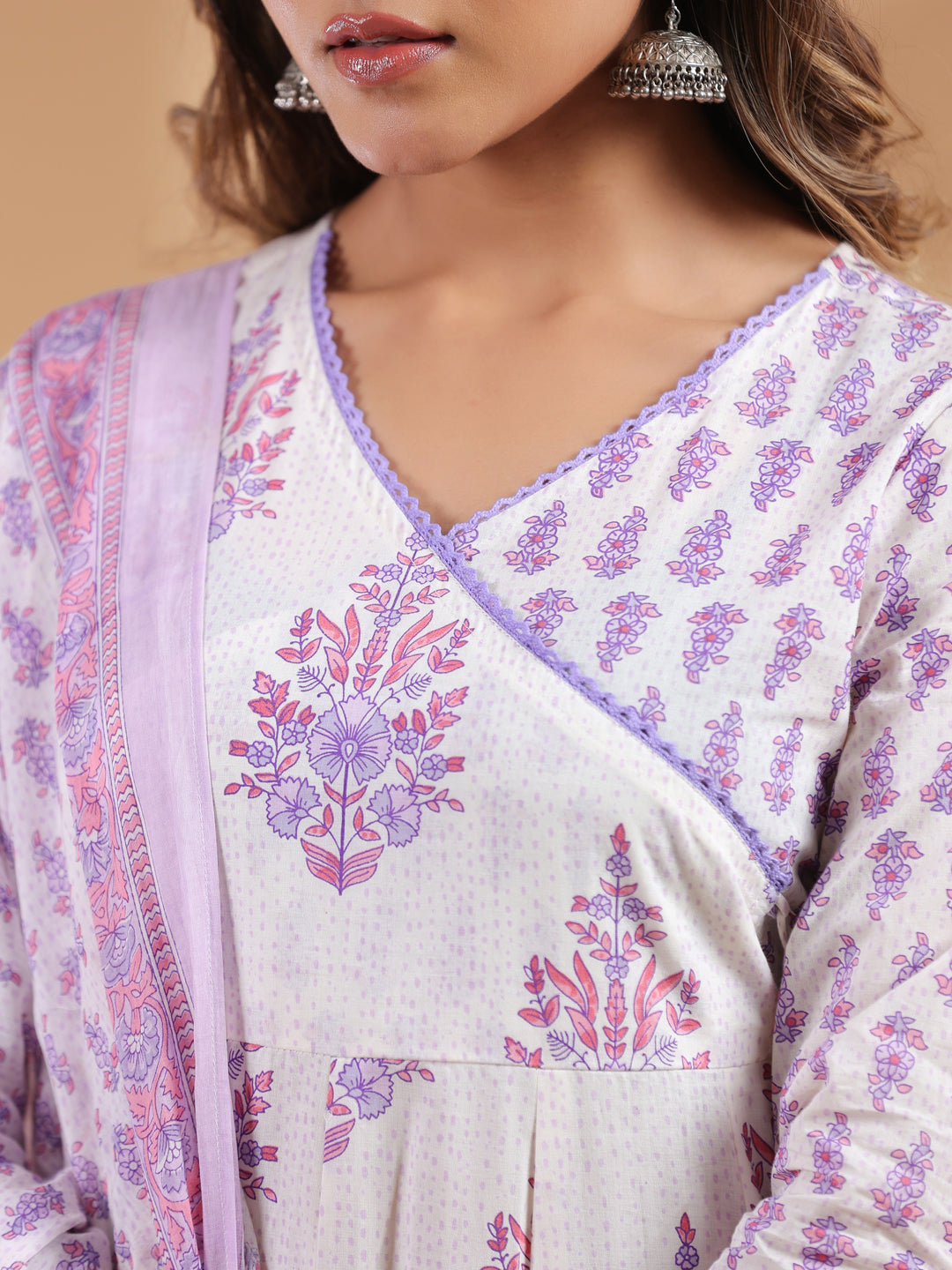 Janasya Light Cotton Floral Angrakha Kurta Set 