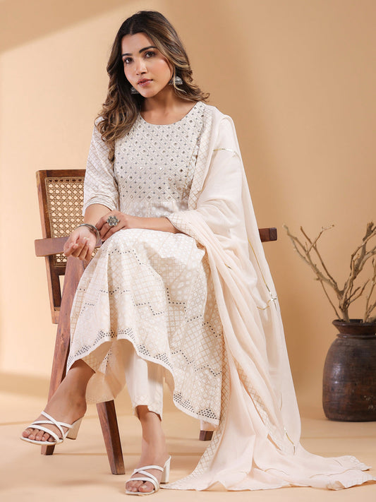 Janasya Light Cotton Ethnic Motifs Anarkali Kurta Set 