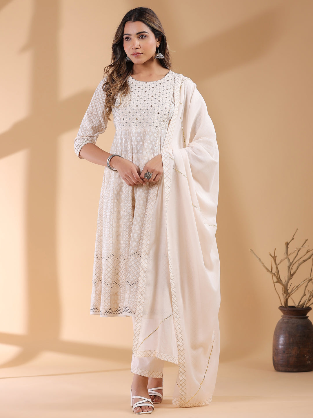 Janasya Light Cotton Ethnic Motifs Anarkali Kurta Set 