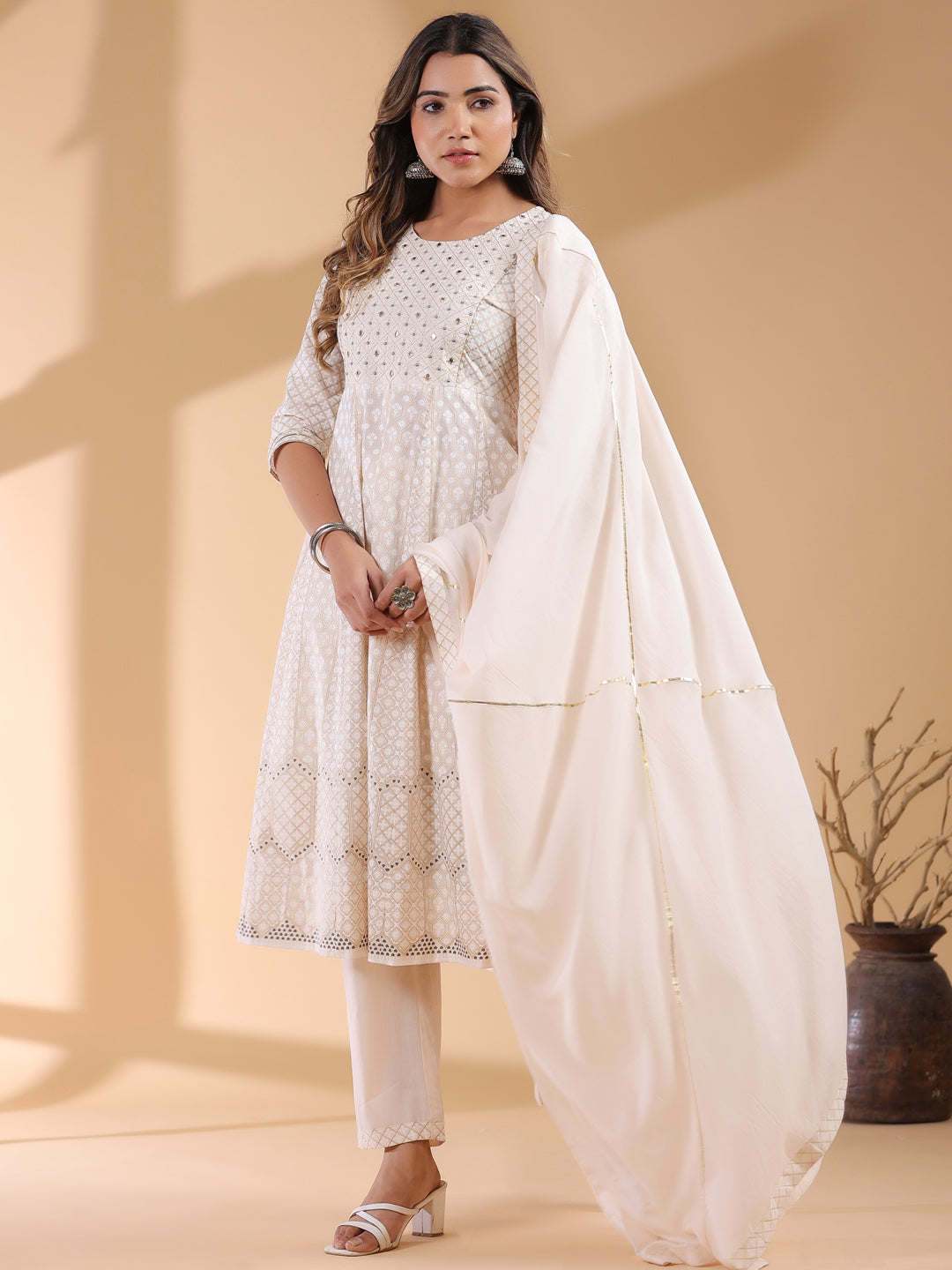 Janasya Light Cotton Ethnic Motifs Anarkali Kurta Set 