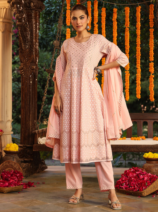 Janasya Light Cotton Ethnic Motifs Anarkali Kurta Set 