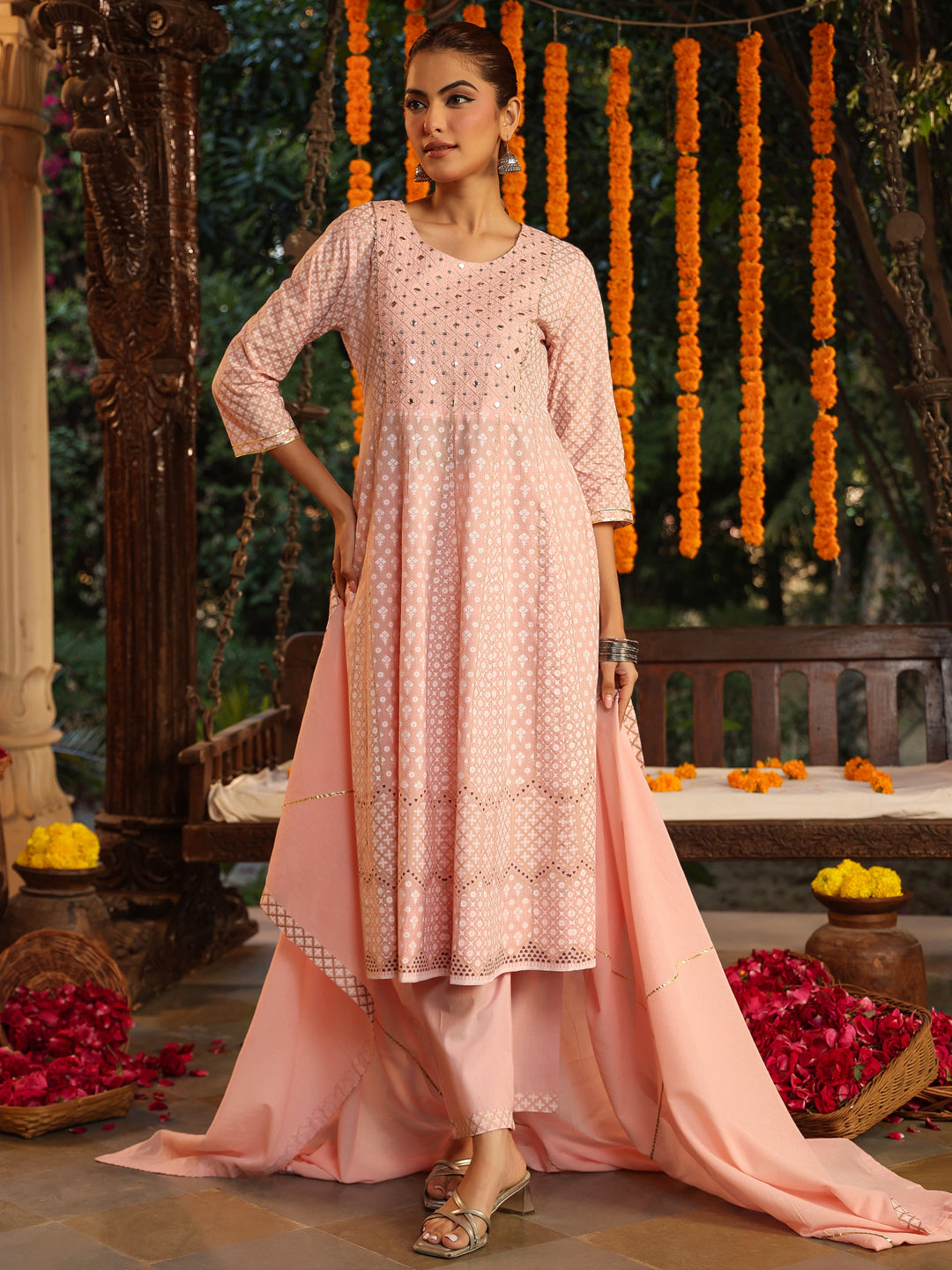 Janasya Light Cotton Ethnic Motifs Anarkali Kurta Set 
