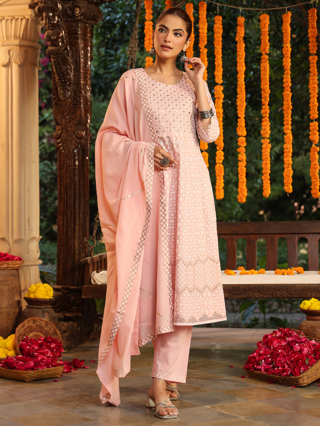 Janasya Light Cotton Ethnic Motifs Anarkali Kurta Set 