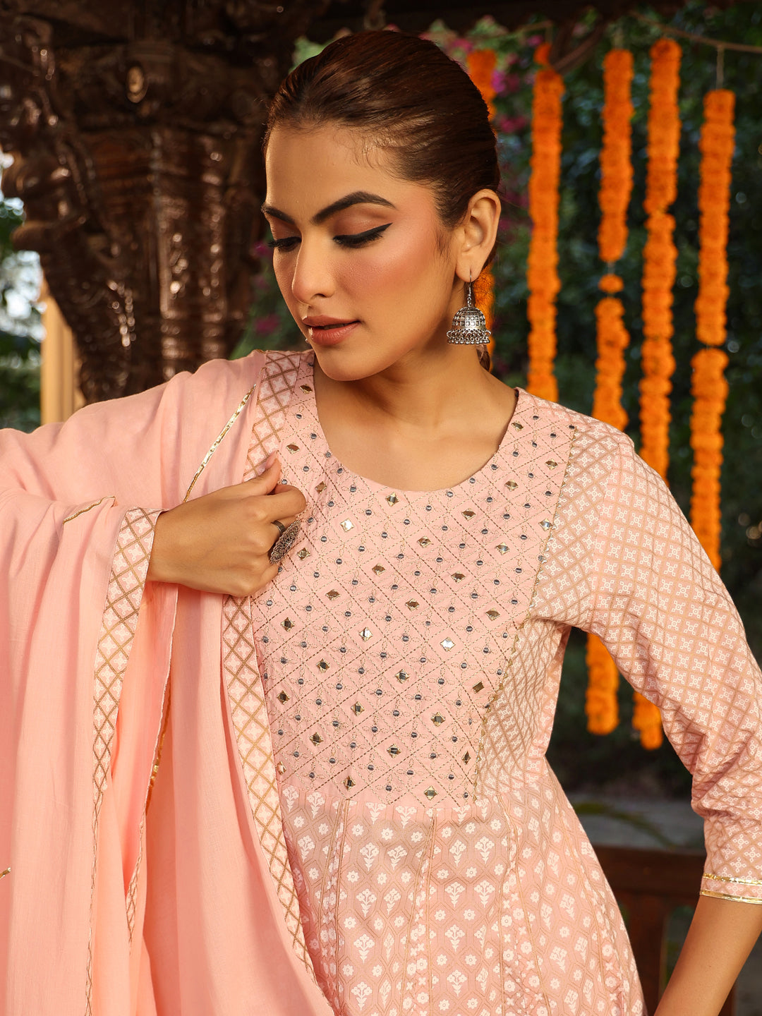 Janasya Light Cotton Ethnic Motifs Anarkali Kurta Set 