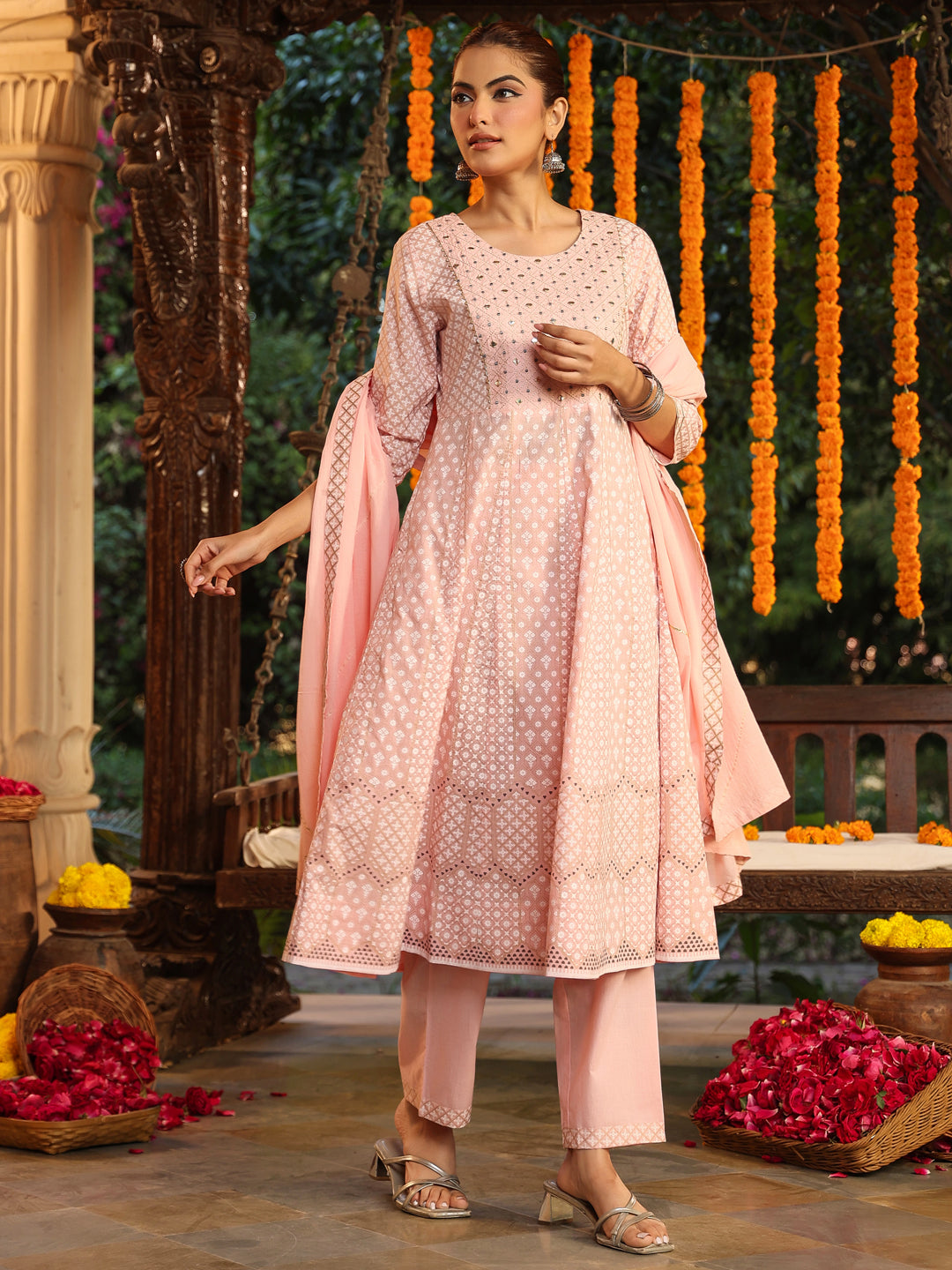 Janasya Light Cotton Ethnic Motifs Anarkali Kurta Set 