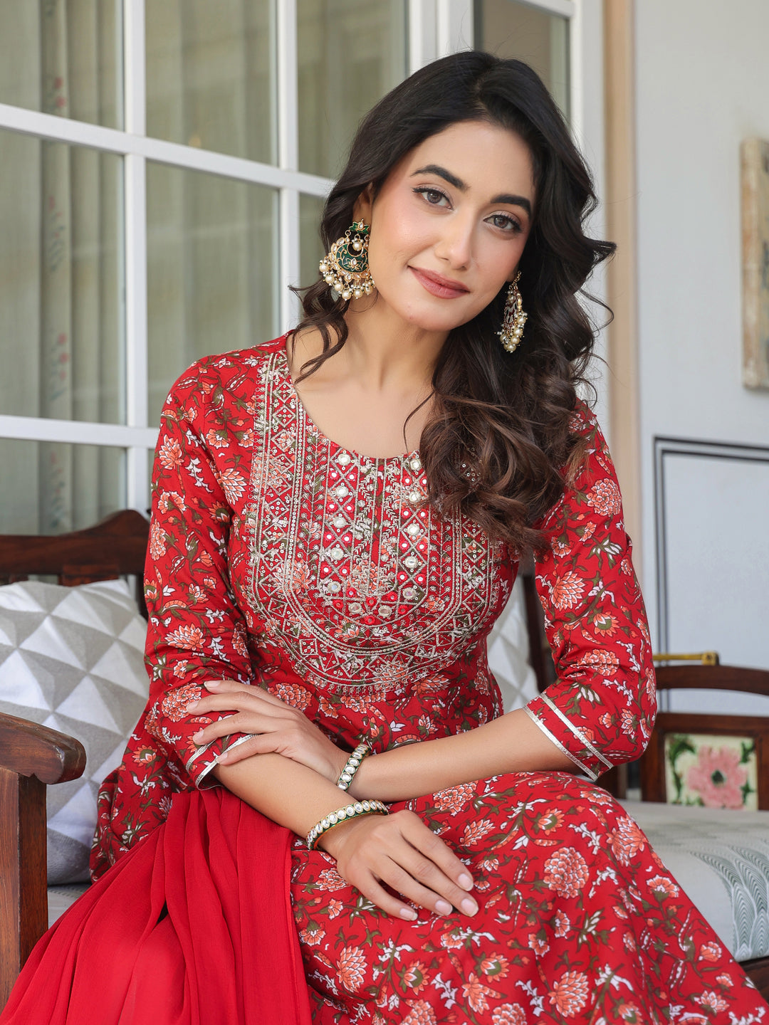Janasya Bright Cotton Yoke Embroidery A-Line Kurta Set 