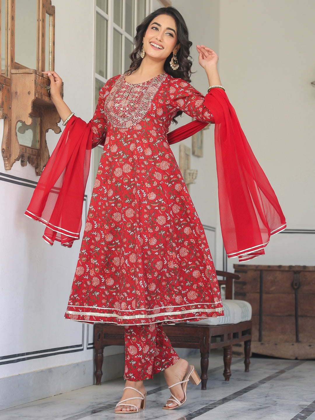 Janasya Bright Cotton Yoke Embroidery A-Line Kurta Set 