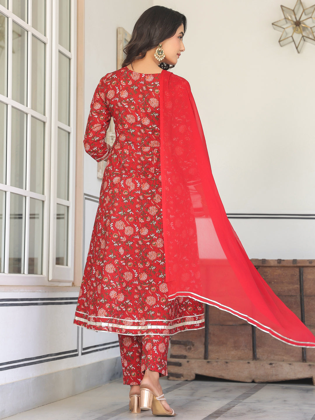 Janasya Bright Cotton Yoke Embroidery A-Line Kurta Set 