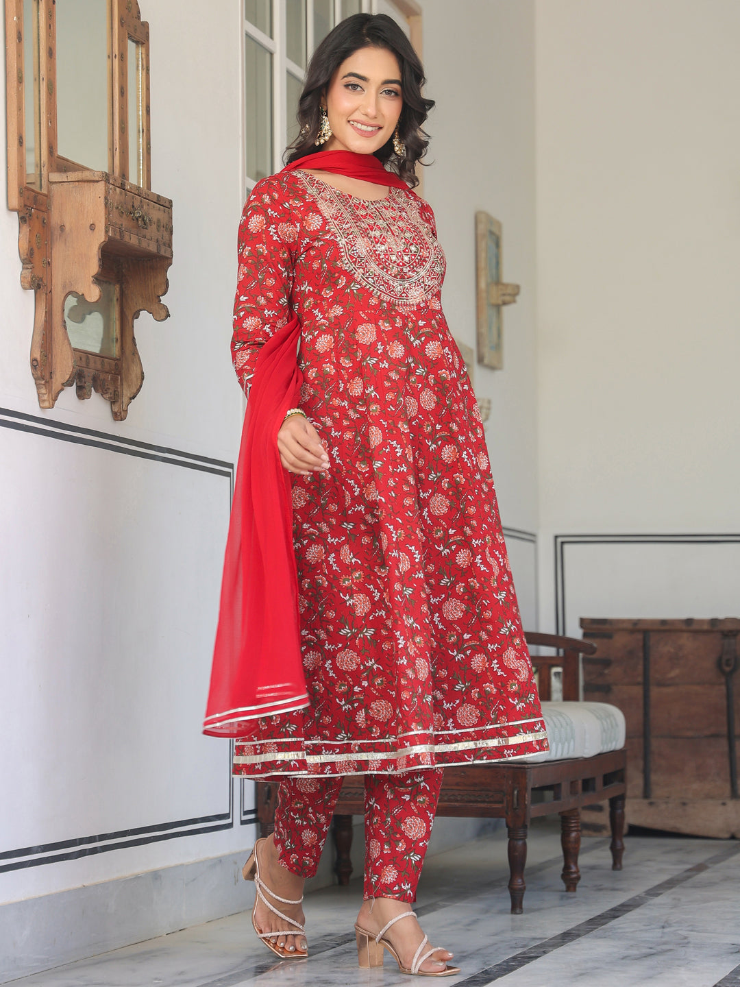 Janasya Bright Cotton Yoke Embroidery A-Line Kurta Set 
