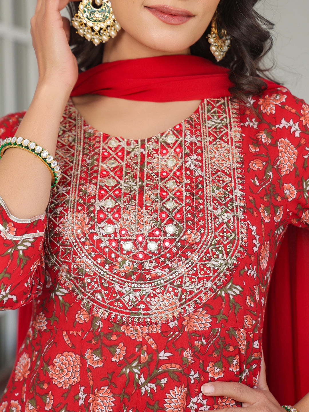 Janasya Bright Cotton Yoke Embroidery A-Line Kurta Set 
