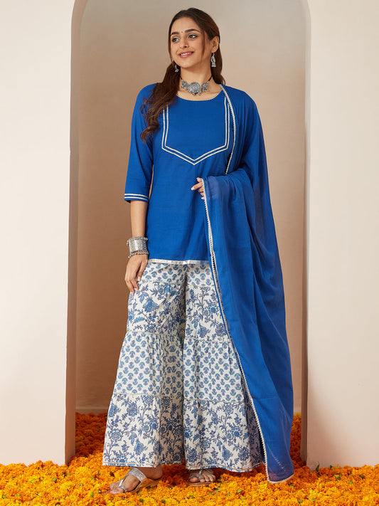 Janasya Dark Cambric Embellished A-Line Kurta Set 
