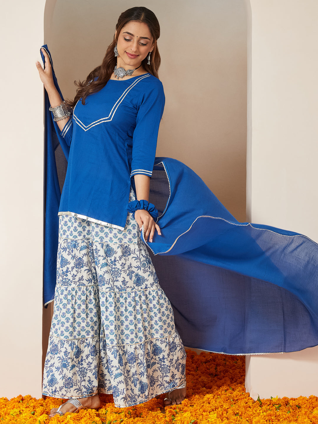 Janasya Dark Cambric Embellished A-Line Kurta Set 