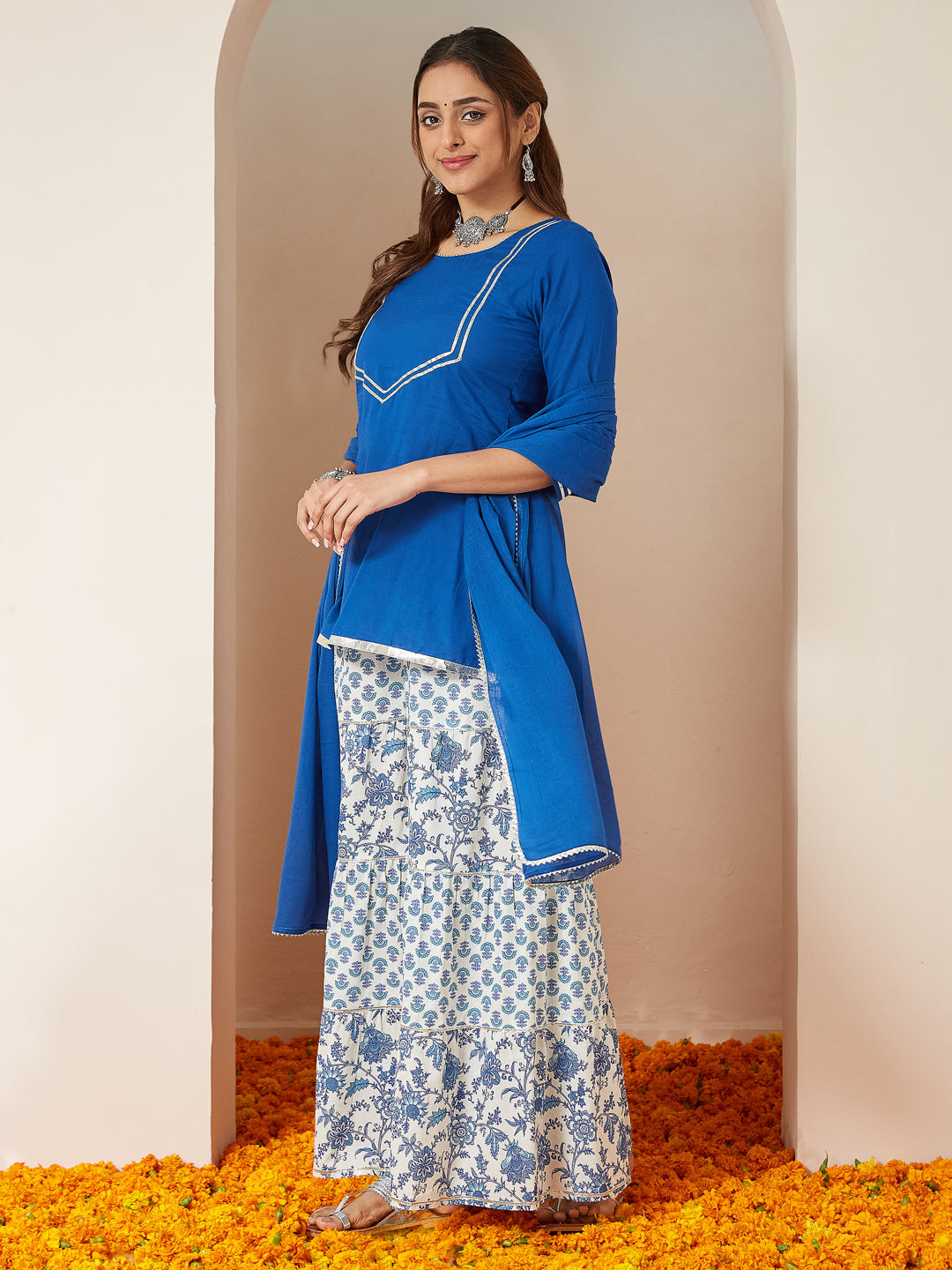 Janasya Dark Cambric Embellished A-Line Kurta Set 