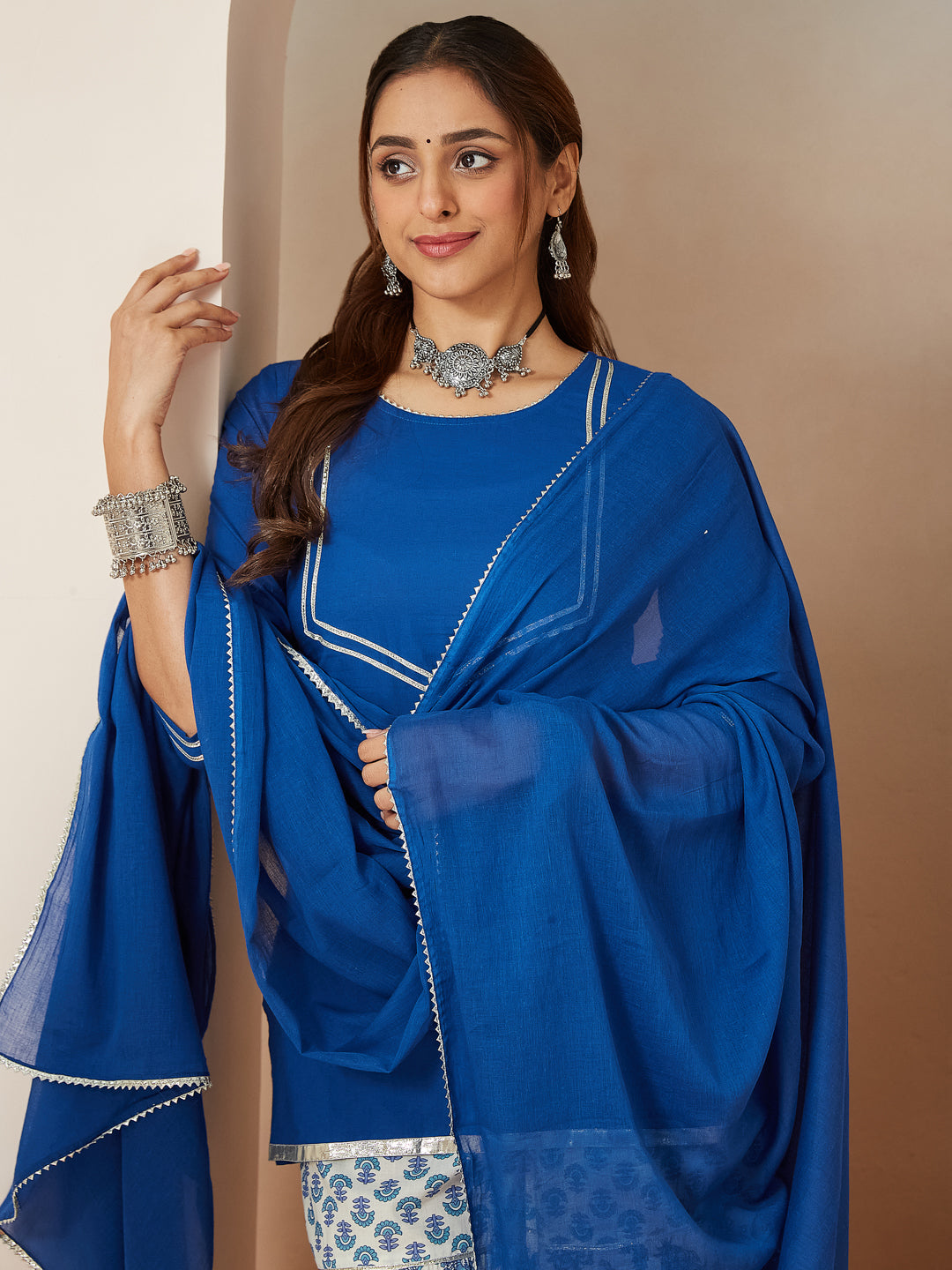 Janasya Dark Cambric Embellished A-Line Kurta Set 