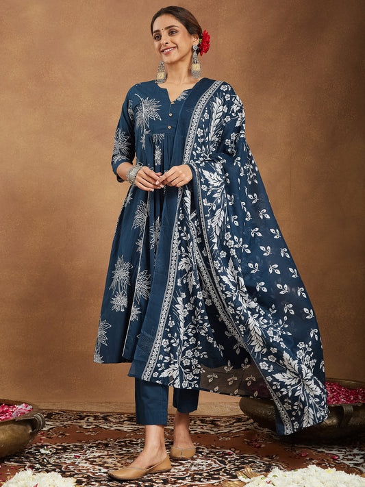 Janasya Bright Cotton Floral A-Line Kurta Set 