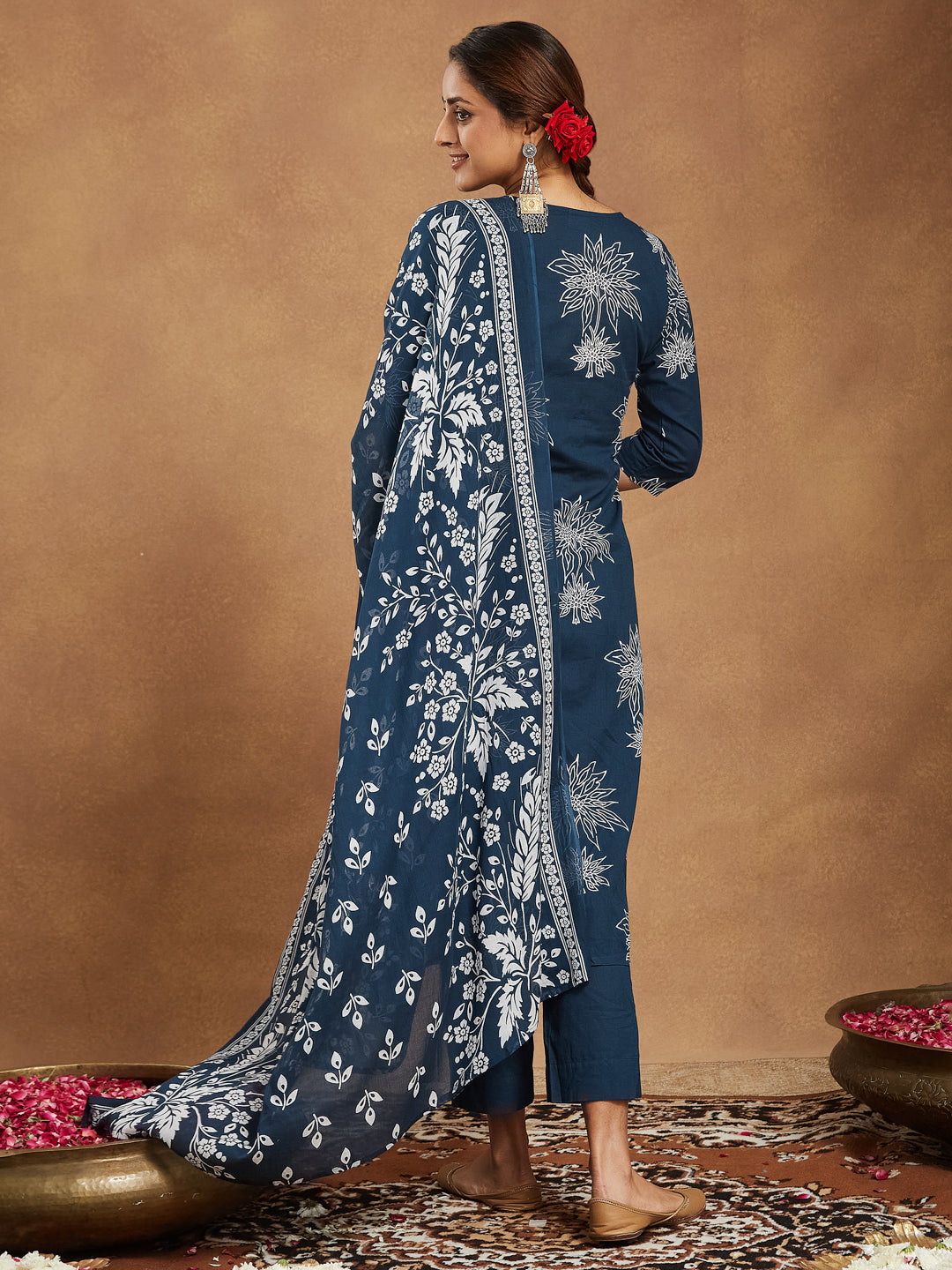 Janasya Bright Cotton Floral A-Line Kurta Set 