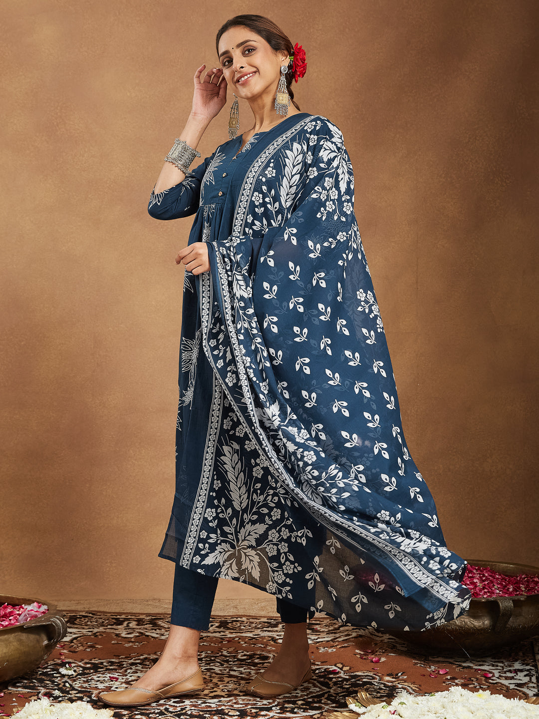 Janasya Bright Cotton Floral A-Line Kurta Set 
