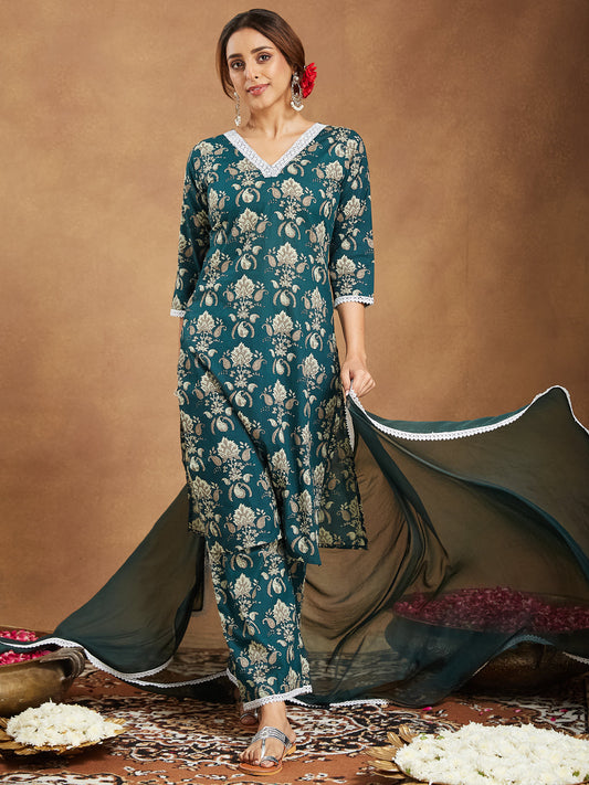 Janasya Dark Cambric Floral A-Line Kurta Set 