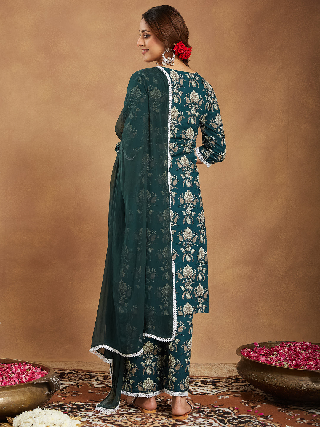 Janasya Dark Cambric Floral A-Line Kurta Set 