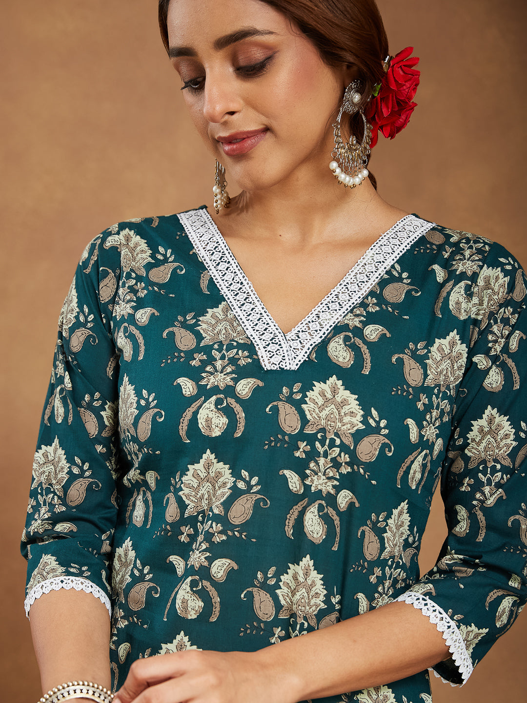 Janasya Dark Cambric Floral A-Line Kurta Set 