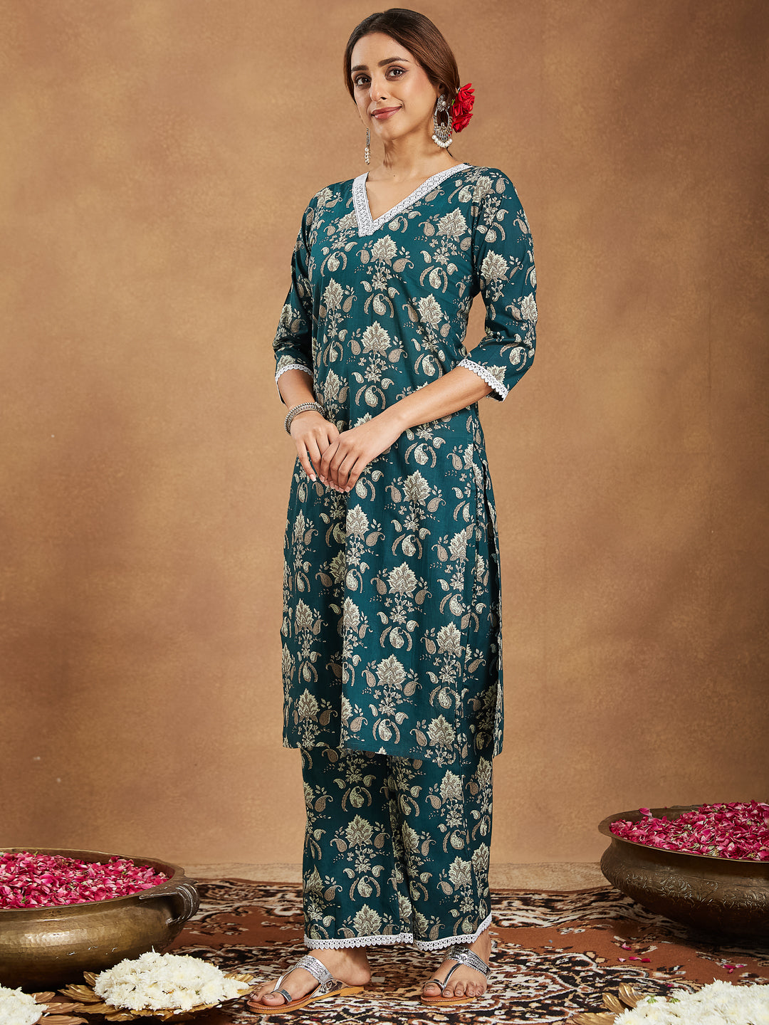Janasya Dark Cambric Floral A-Line Kurta Set 