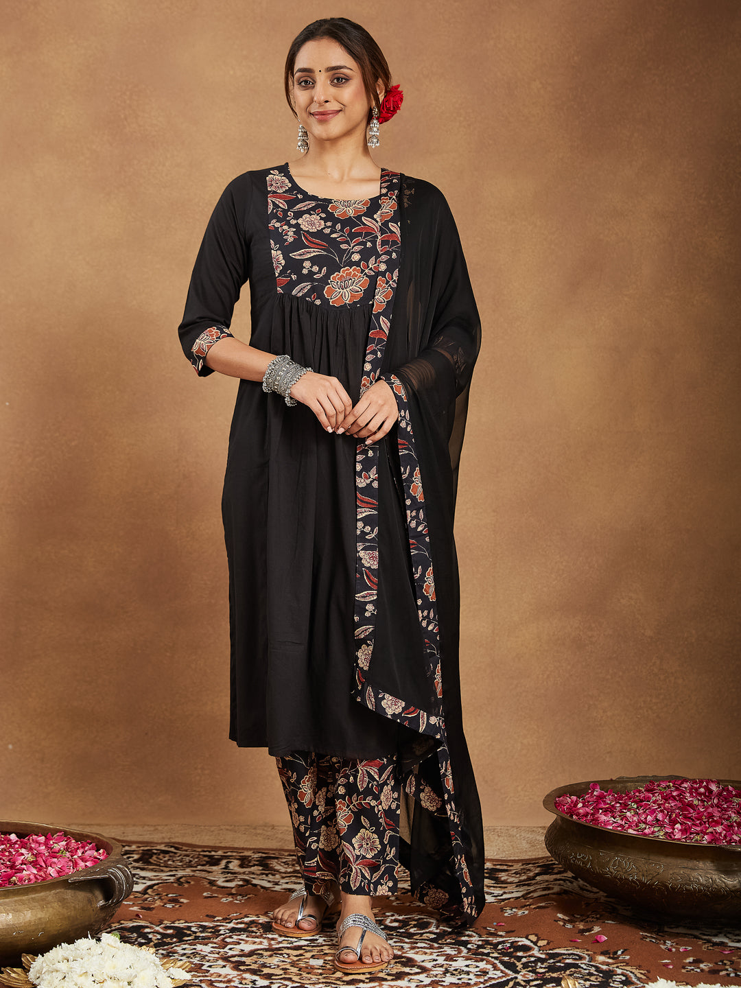 Janasya Dark Cotton Floral A-Line Kurta Set 