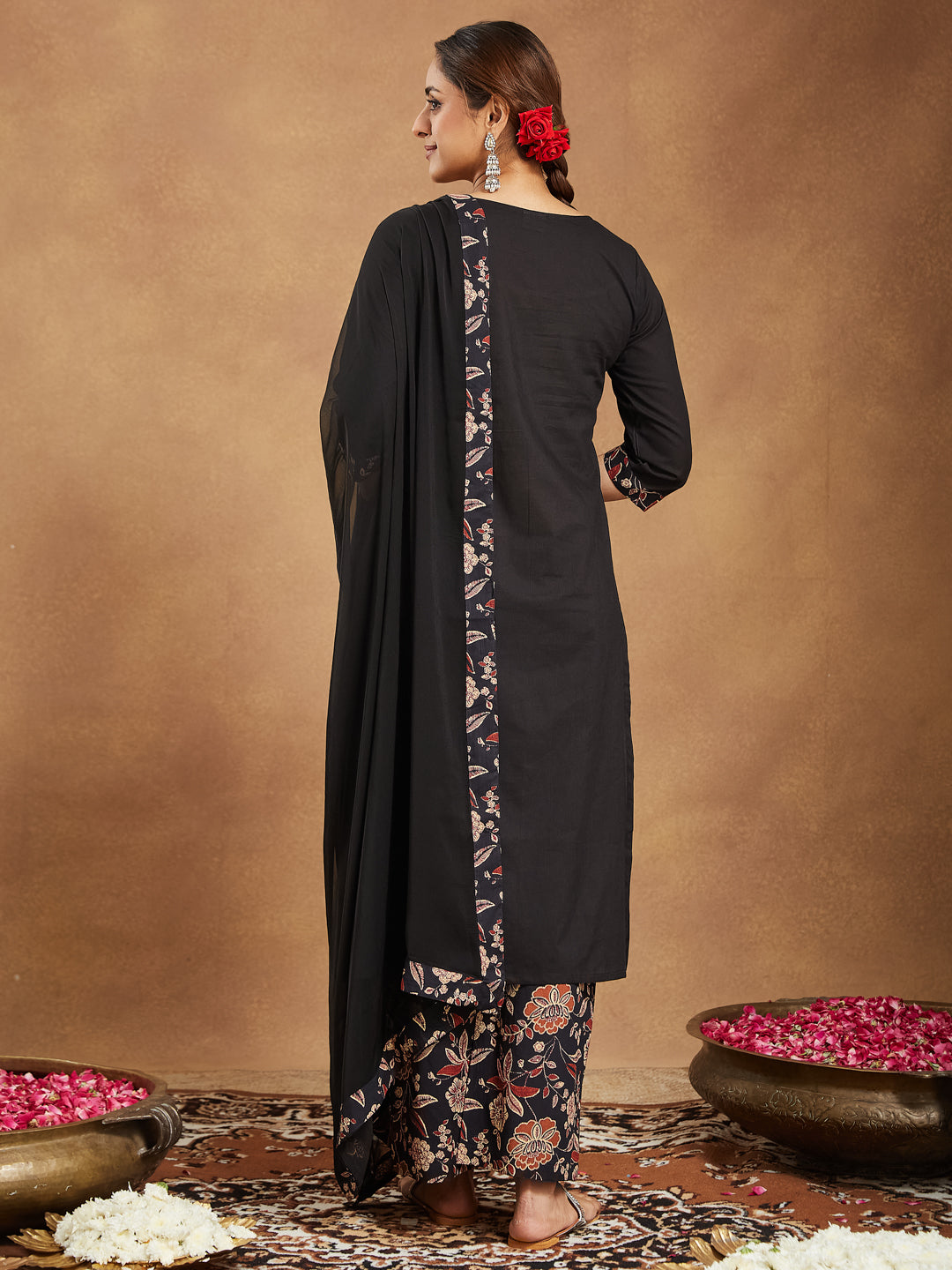 Janasya Dark Cotton Floral A-Line Kurta Set 