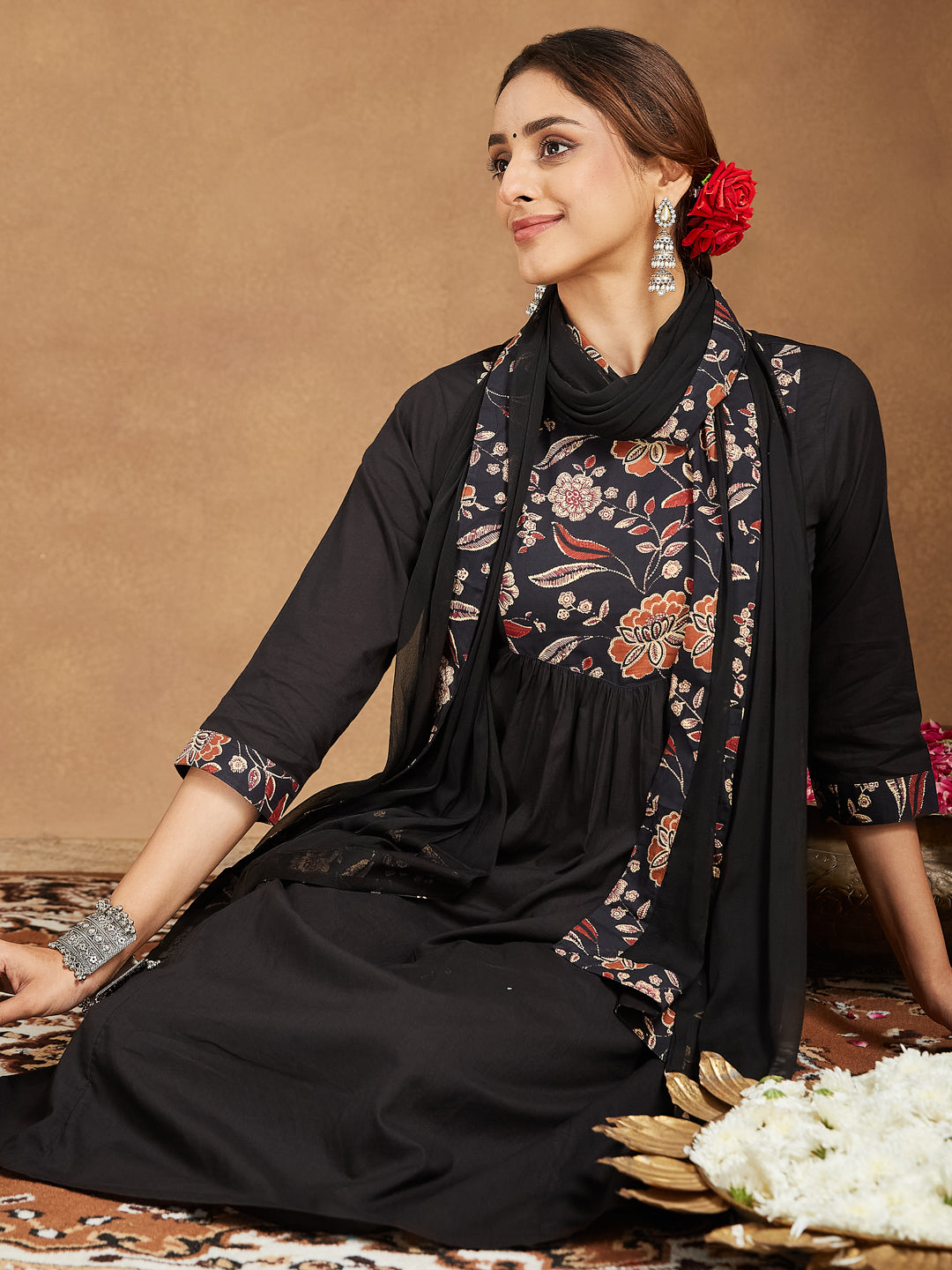 Janasya Dark Cotton Floral A-Line Kurta Set 