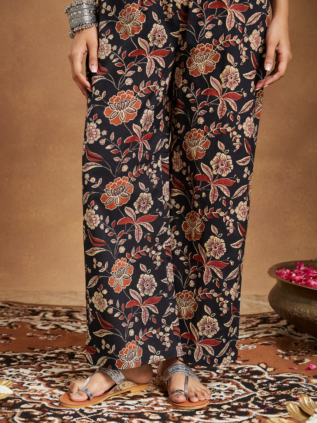 Janasya Dark Cotton Floral A-Line Kurta Set 