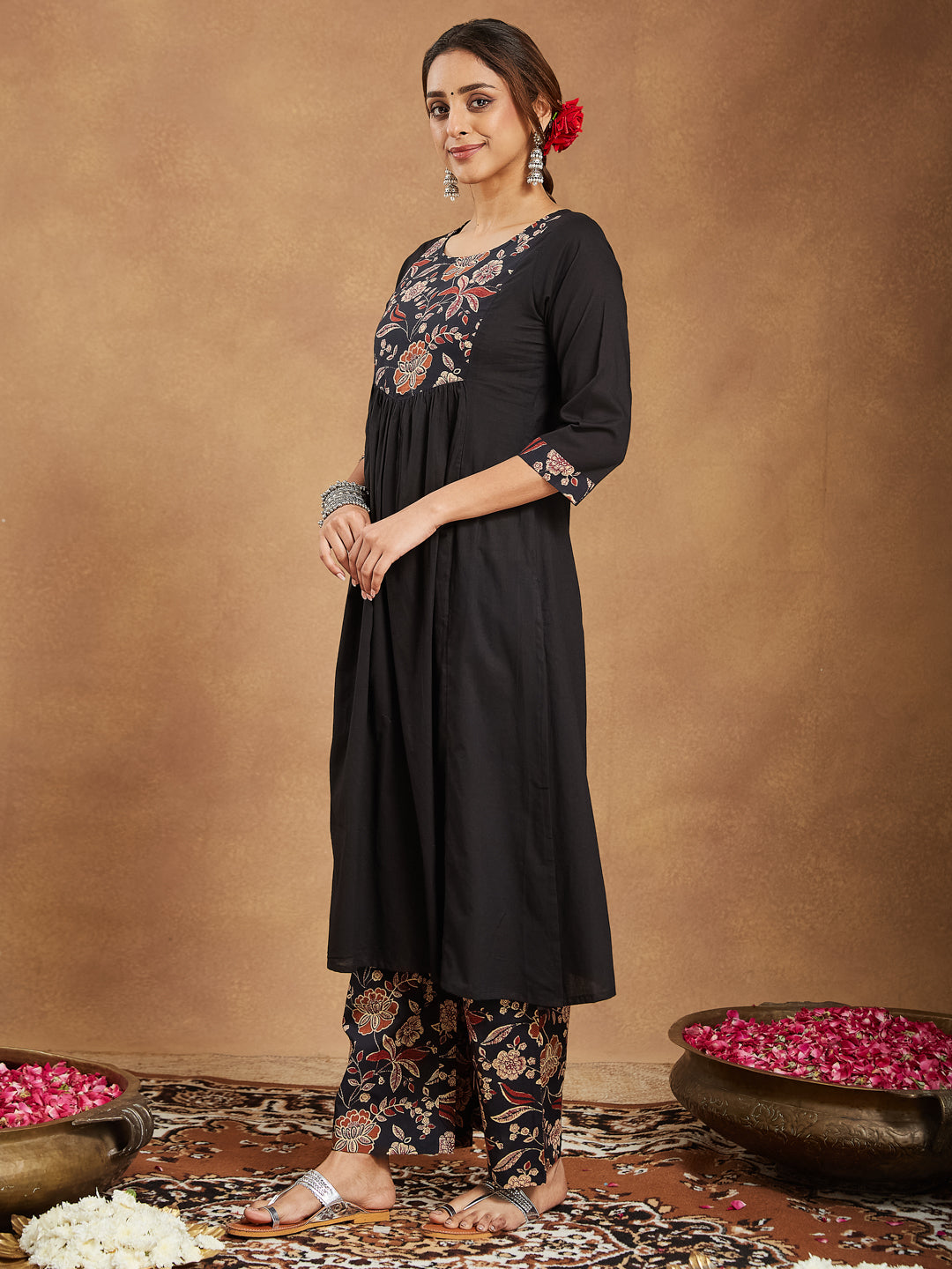 Janasya Dark Cotton Floral A-Line Kurta Set 
