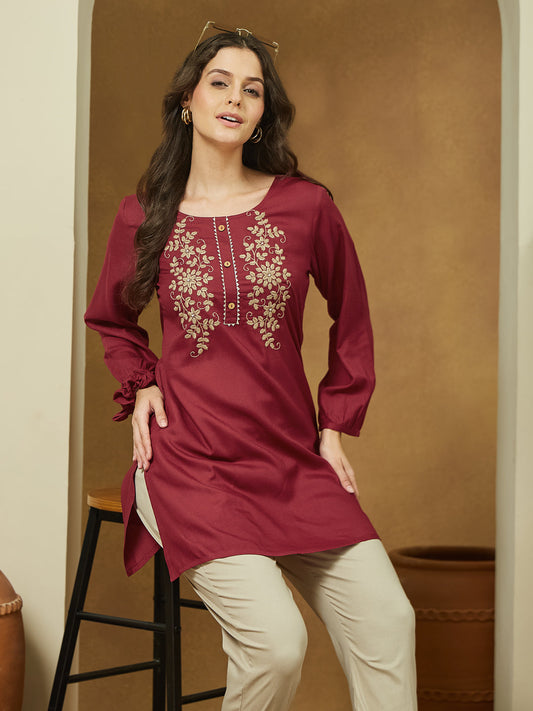 Janasya Dark Rayon Embroidered Straight Tunic 